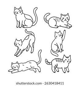 Set of cats of different breeds, in different poses. Contour cats and kittens. Cute cats, playful cats. Children stickers racy vector clipart	