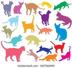 Set of cats different breeds silhouettes (sitting, standing, lying, playing) in different color isolated on white background. Vector colorful illustration
