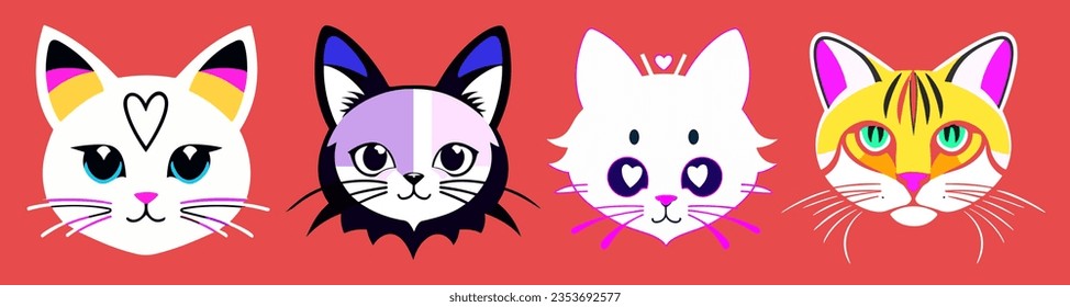 Set cats with different colored eyes are shown in a line up on a pink background, flat colors, vector art, furry art. Cartoon avatar.