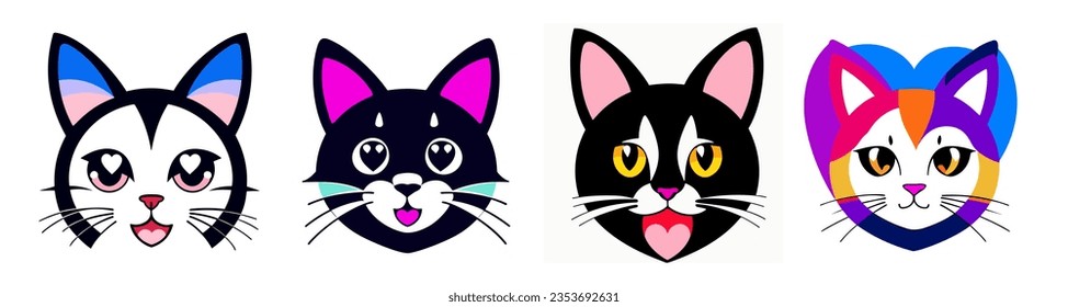 Set cats with different colored eyes and a white background, triadic color scheme, vector art. Cartoon avatar.