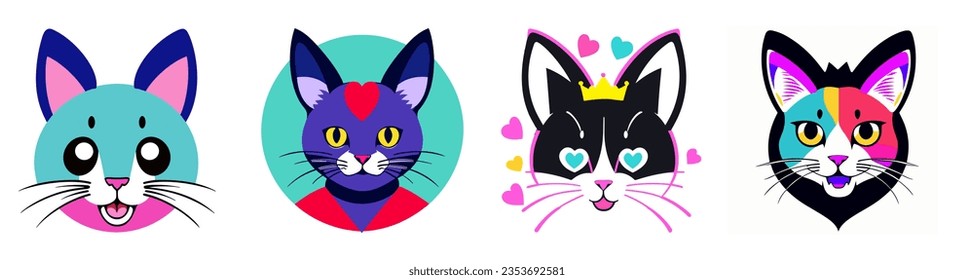 Set cats with different colored faces are shown in this image, one is a cat, the other a cat, sticker, vector art, furry art. Cartoon avatar.