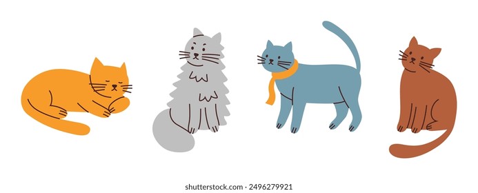 Set von Katzen verschiedener Farben und Rassen, sitzende und liegende Tiere, Vektorgrafik. Verschiedene Cartoon-Haustiere für Tierhandlungen, Tierärzte. Niedliches flaches Design, Maine Coon, Sibirien, Ragdoll Kätzchen