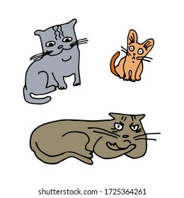 Katzen mit verschiedenen Emotionen - gut gesund, wütend, verängstigt. Sitzen, lügen. Weißer Hintergrund, isolieren. Abbildung.