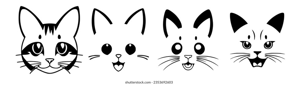 Set cats with different faces drawn in black and white ink on a white background, with a black outline of the cats'heads, smooth and clean vector curves, vector art, furry art. Cartoon avatar.