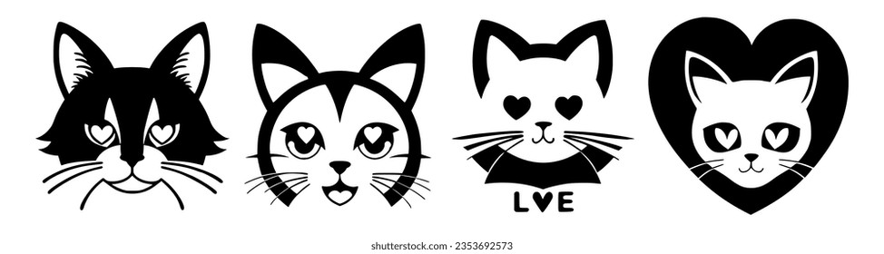 Set cats with different faces on them, smooth and clean vector curves, vector art, international typographic style. Cartoon avatar.