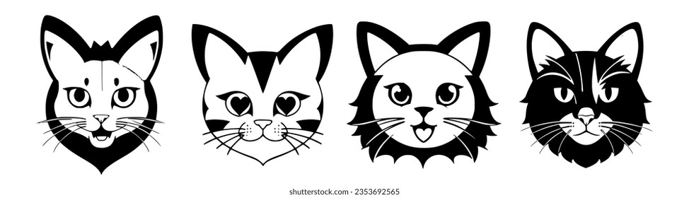 Set cats with different faces are shown in black and white, line art, vector art, international typographic style. Cartoon avatar.