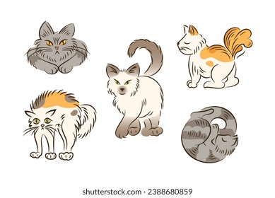 Conjunto de gatos en diferentes poses al estilo de las caricaturas. Un lindo estilo de vida de gatos gordos. Mascotas. El gato silba, duerme, se va, camina. Para pegatinas, afiches, postales, elementos de diseño.