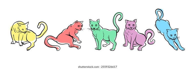 Set of cats in different poses. Free hand domestic pet illustration. Kitten stretches and washes.