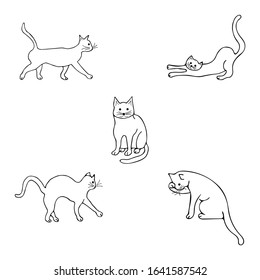 Set with cats in different poses. Goes forward, washing, arched his back, sitting and looking straight, stretching and sharpening claws. Doodle black and white illustration on white background. Vector