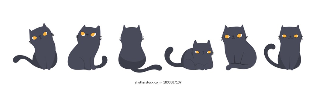 Set of cats in different poses, Isolated on white background. Character design. Vector illustration, Cartoon doodle style.