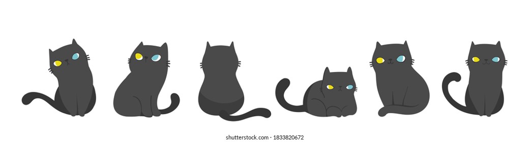 Set of cats in different poses, Isolated on white background. Character design. Vector illustration, Cartoon doodle style.