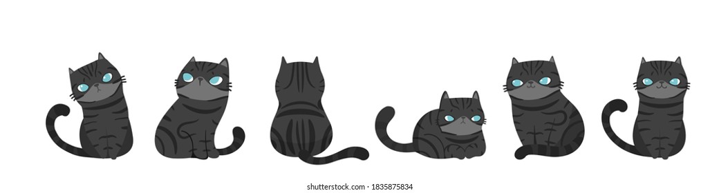 Set of cats in different poses, Isolated on white background. Character design. Vector illustration, Cartoon doodle style.