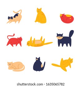Set of cats in different poses. Pets. Flat style vector illustration.