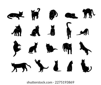 Set of cats in different poses. Cats silhouettes. Home pets. Isolated on white background