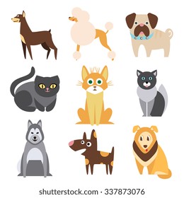 Conjunto de gatos y perros de diferentes razas. Ilustración de vectores planos