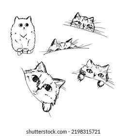 Set of cats. Domestic kitten. Black silhouette of kitten. Tatoo, print.
