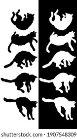 A set of cats drawing in various acts. The cat is falling down to the ground and trying to flips herself and landing safely.