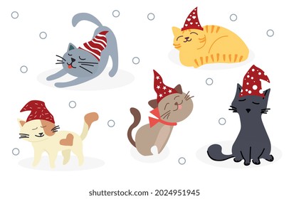 Set of cats. Drawn kittens in New Year hats. Stickers, posters, icons and graphics for websites and pages with pets. Animals in winter. Cartoon flat vector illustration isolated on white background