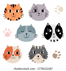 Set von Katzen Gesichter, Portraits von Haustieren. Cute Cartoon Illustration für Kinder. Flaches Design. Vektorgrafik-Clips einzeln auf weißem Hintergrund.