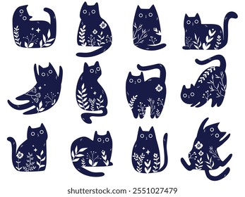 Set of Cats with Folk art ornament pattern.  Isolated simple flat cat in different poses. Vector illustration.