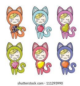 Set of cats with fruit