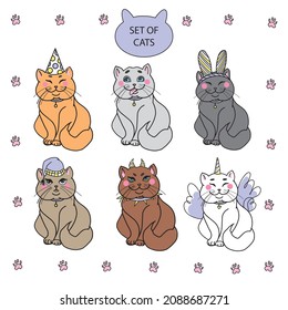 Set of cats. Funny, cute cats. Cat vector icon set. Children's illustration for coloring pages, prints, stickers, postcards, textiles. Design element. Vector illustration. Isolated on white background