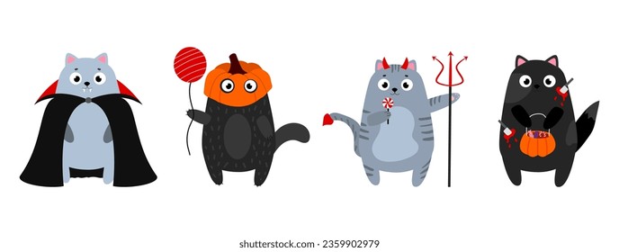 Set of cats in Halloween costumes. Funny cats in vampire and devil costume. Vector characters in flat style. White isolated background.