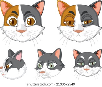 A set of cat's head on white background illustration