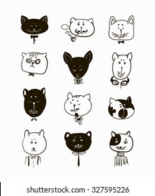 Set of cats heads. Face kitten, whiskers and ears, muzzle and wool. Vector illustration