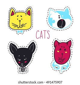 Set of cats heads. Face kitten, whiskers and ears, muzzle and wool. Vector illustration