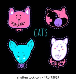 Set of cats heads. Face kitten, whiskers and ears, muzzle and wool. Vector illustration