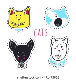Set of cats heads. Face kitten, whiskers and ears, muzzle and wool. Vector illustration