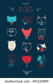 Set of cats heads. Face kitten, whiskers and ears, muzzle and wool. Vector illustration