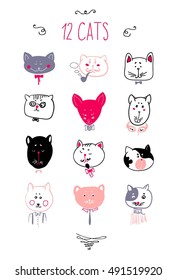 Set of cats heads. Face kitten, whiskers and ears, muzzle and wool. Vector illustration