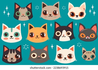 Set of cats heads isolated. Collection of cats faces, illustrations, emoticons, face icons. Doodle cartoon hand drawn animal faces. Characters of different breeds. Kitten logo vector.  Domestic. Flat