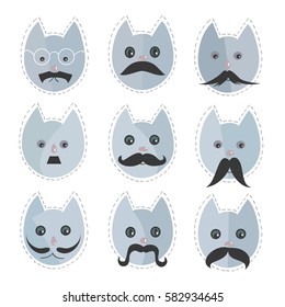 Set of cats with human mustache. The vector illustration style flat.