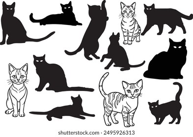 Set of cats icon. Isolated vector black silhouette of galloping, jumping running, trotting, rearing cats on white background. collection of Side view.