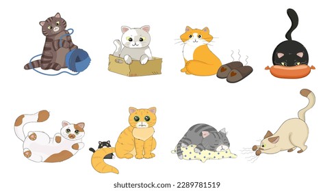 Set of cats isolated on white background. Cute kitty playing, sleeping, eating. Kittens characters collection design in different poses. Funny and Happy domestic pets. Flat Cartoon Vector illustration