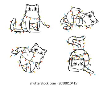 Set of cats light bulb garland. Collection of Christmas cats entangled in the festive decoration. Lovely domestic animals. Playful kittens. Vector illustration for holiday cards.
