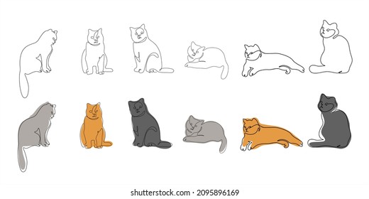 
Set of cats. Linear style. Red, gray, black cats. Pets. One line drawing.
Doodle.
Hand drawn. Vector illustration