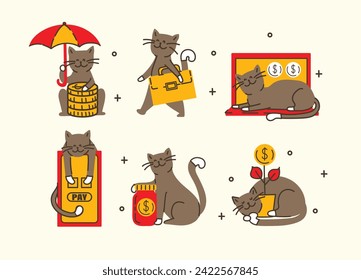 Set of cats with money and banking related objects, symbol of wealth, Bank, capital and elements. Hand drawn doodle illustration collection isolated on background.