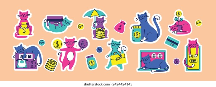 Conjunto de gatos con dinero divertidos pegatinas de moda. Objetos relacionados con la banca, símbolo de riqueza, banco, capital y elementos. Colección de ilustración de garabato retro dibujado a mano.