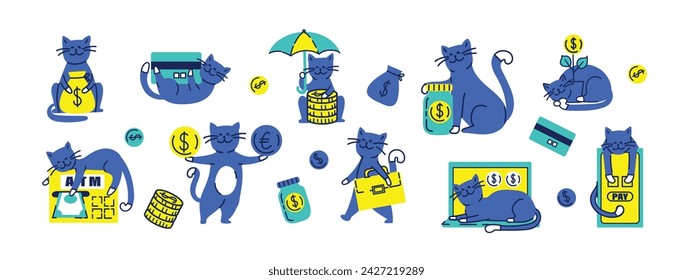 Set of cats with money funny trendy stickers. Banking related objects, symbol of wealth, Bank, capital and elements. Hand drawn retro doodle illustration collection.