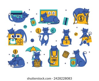 Set of cats with money funny trendy stickers. Banking related objects, symbol of wealth, Bank, capital and elements. Hand drawn retro doodle illustration collection.