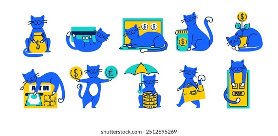 Set of cats with money funny trendy stickers. Banking related objects, symbol of wealth, Bank, capital and elements. Hand drawn doodle illustration collection.