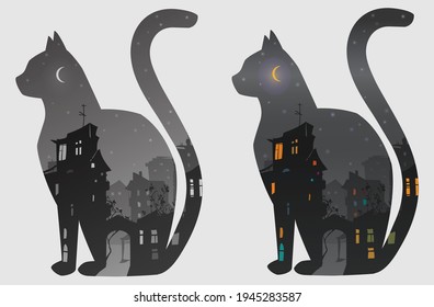 Set of cats with a night city inside. Black and white and with colored windows. Vector illustration, isolated objects 