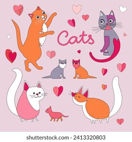 Set of cats on pink background. Vector illustration of funny cartoon different cats  in flat style, hearts and lettering. Funny cats and kittens, spotted and ginger cats, pink cat, mother cat and baby