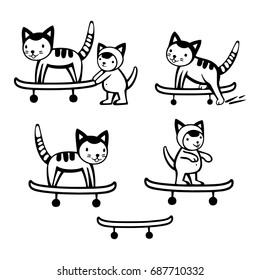  Set of cats on skateboards.        Hand drawn vector illustration. Isolated on white background.      