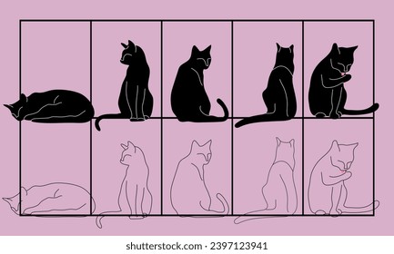 Set of cats, outlines and siluets (sleeping, sitting looking to the side, looking over his shoulder, turned away, licks paw)