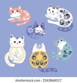 set with cats with Petrikovsky pattern. Vector